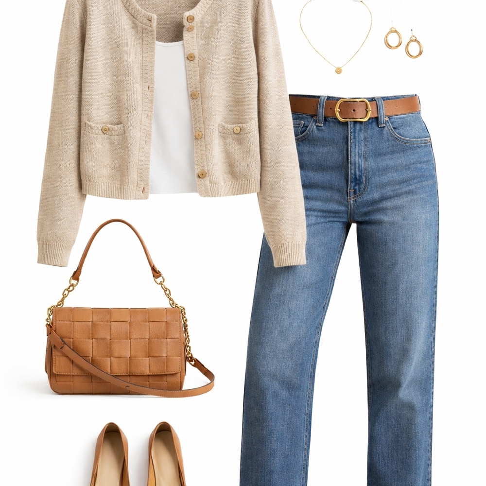 J. Crew Light Beige Braided-Trim Button Cardigan